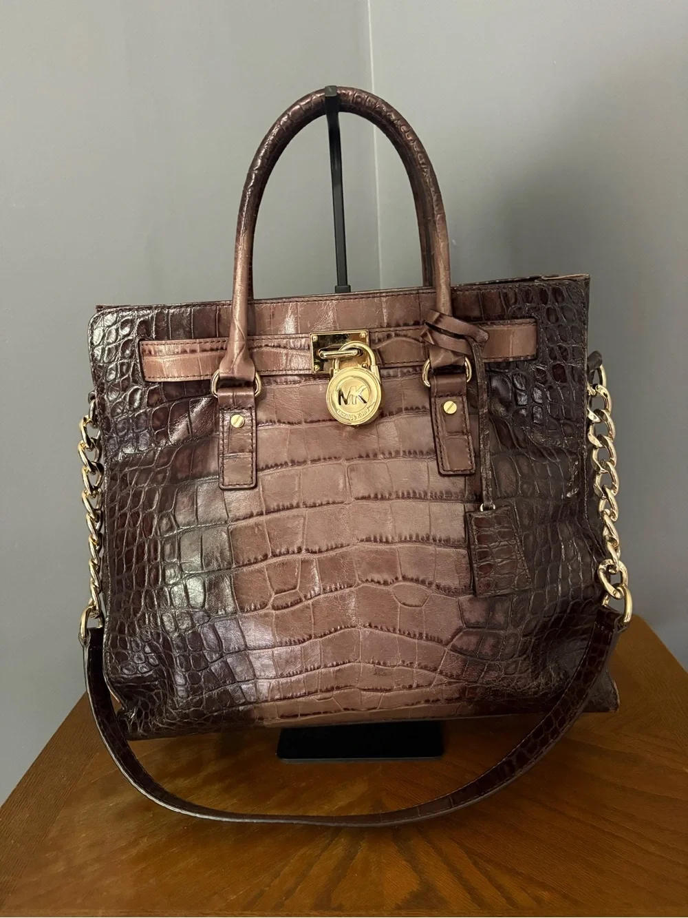 Michael Kors Hamilton Large Croc-Embossed Leather Satchel Tote Ombre Brown